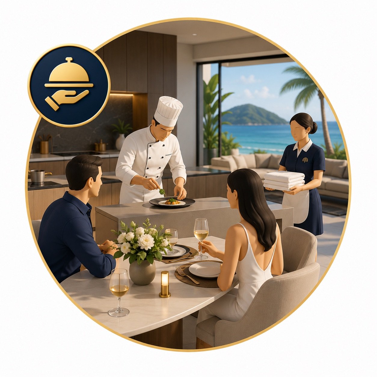 Private chef and professional villa staff serving guests in a Phuket luxury villa